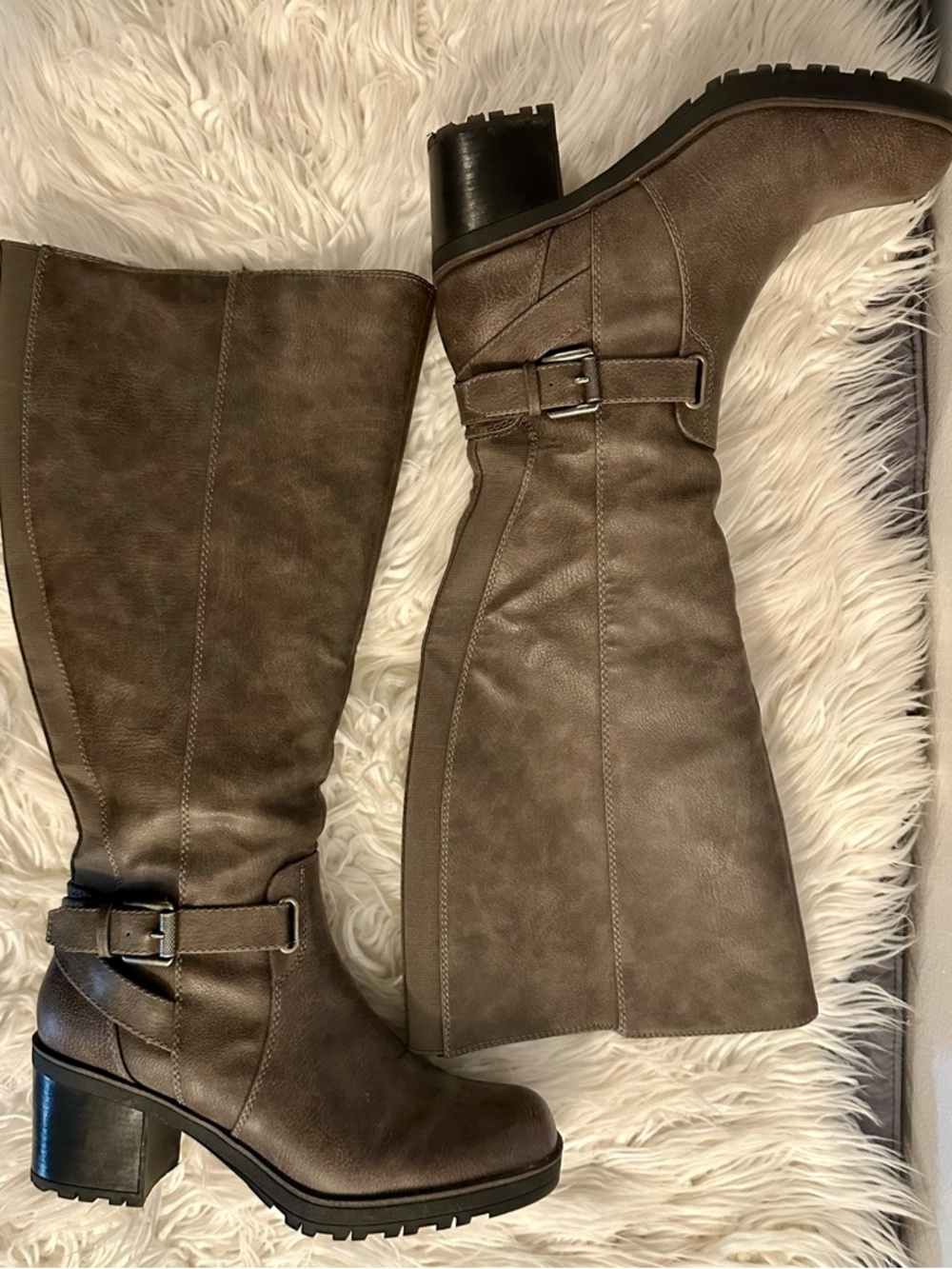 Bare Trap Wide Calf Knee-High Buckle Riding Boots in Taupe